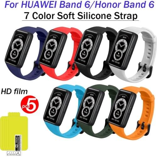 Soft Silicone Watchband For HUAWEI Band 6 Smart Watch Bracelet Replacement For Honor Band 6 Strap With 5PCS HD Protector Film