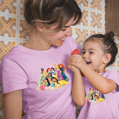 Adult Unisex T-shirts Summer New Products Women Men Baby Girl Boy Family Clothes Short Sleeve Disney Princess Comfortable Trend