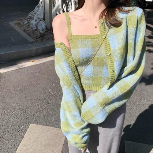 Korobov Korean Elegant Streetwear Knit 2 Pcs Sets Vintage V Neck Plaid Crop Cardigans and Sweet Tank Top Vintage Suits