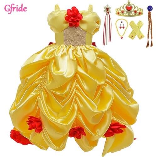 Girls Princess Belle Costume For Red Flowers Kids Sequins Cinderella Dresses Dress Up Halloween Dancing Party Clothing 2-10 Yr
