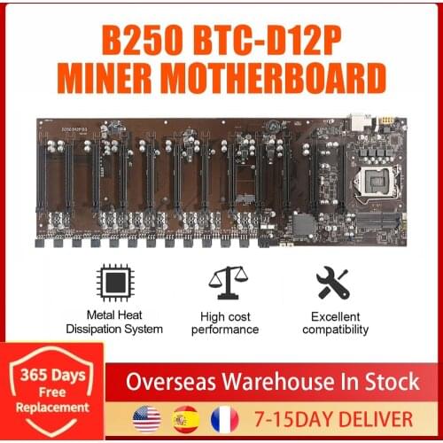 B250 BTC-D12P Riserless Mining Motherboard DDR3 Maximum 16GB Memory Motherboard Dual SATA3.0 Mainboard For LGA1151 CPU ETH Rig