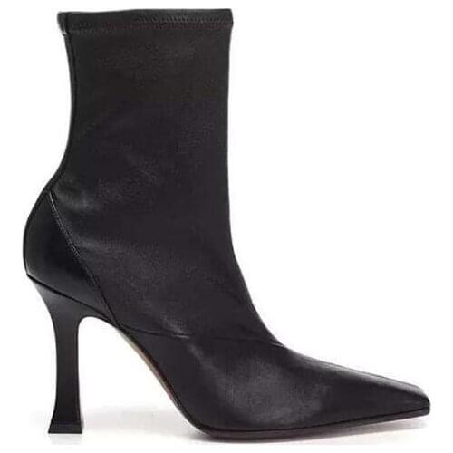 Moraima Snc Ins Fashion High Heel Boots Black Leather Square Toe Ankle Boots for Woman Stretch Fabric Thin Heels Riding Boots