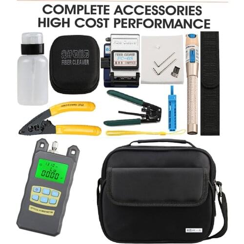 FTTH Fiber Optic Tool Kit 15pcs/set with Fiber Cleaver -70~+10dBm Optical Power Meter Visual Fault Locator 5km