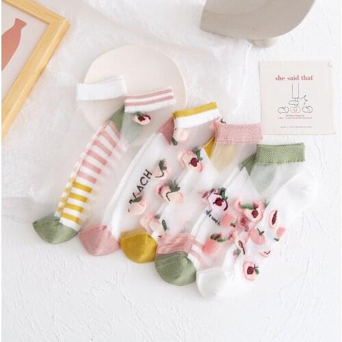 Spring And Summer Boat Socks Thin Section Card Silk Breathable Mesh Womens Socks Cartoon Peach Japanese socks Korean Jacquard T