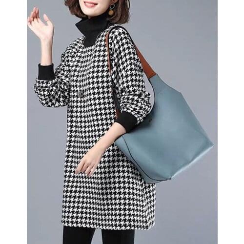 Plaid Coat Womens Velvet Thick Turtle Neck Outerwear Korean Long Sleeve Loose Top Striped Plaid Sweatshirt