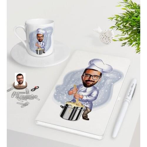 Personalized Men 'S Cook Caricature Of White Notebook Pen Turkish Coffee Cup Seti-1