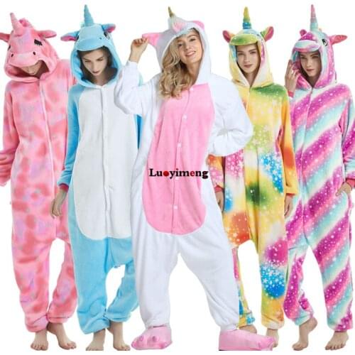 Kigurumi Onesie For Women Sleepwear Adult Animal Unicorn Pajamas Boys Girls Cartoon Sleepwear Winter Warm Flannel Hooded Pyjamas