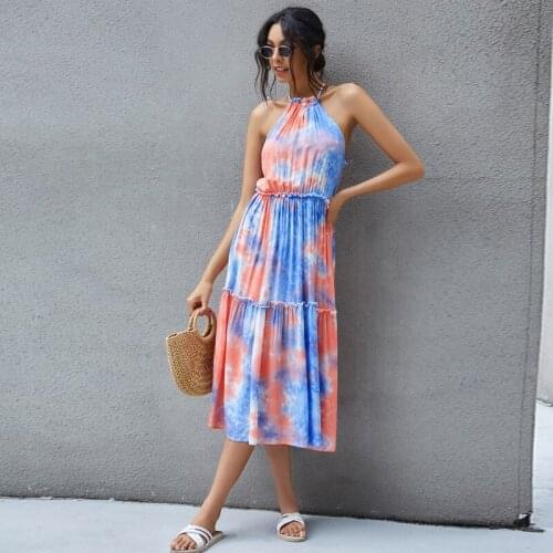Halter Midi Ruffle Dress Girl party Beach Boheamia style Retro-Fashion Sleeveless Tie Dye Women Hawaii Blue Sexy Dream Dress new