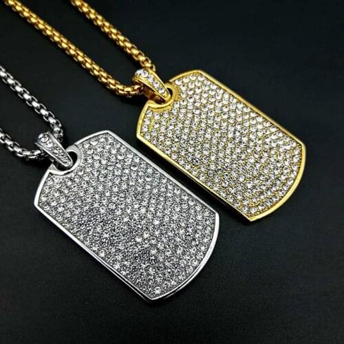 Hip Hop Bling Iced Out Geometric Sqaure Stainless Steel Dog Tag Pendants Necklaces for Men Rapper Jewelry