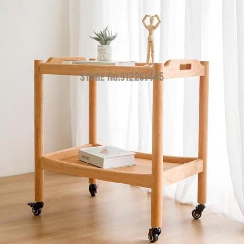 Nordic Corner Movable Small Tea Table With Wheels Black Walnut Solid Wood Sofa Side Shelf Side Cabinet Trolley