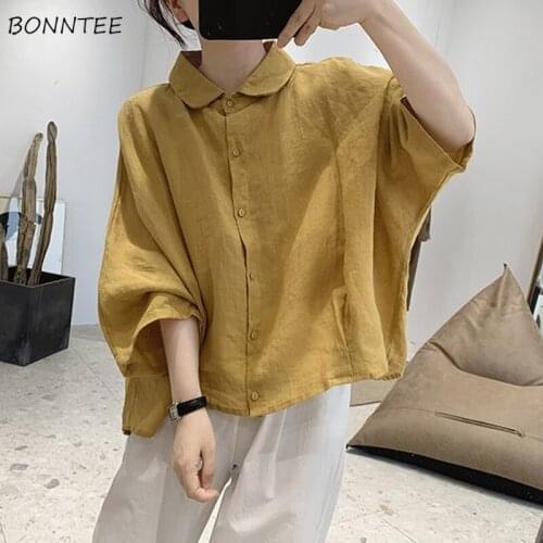 Shirts Women Solid Casual Trendy All-match Batwing-sleeve Tops Chic Design Turn-down Collar Minimalist Female Fashion Classy New