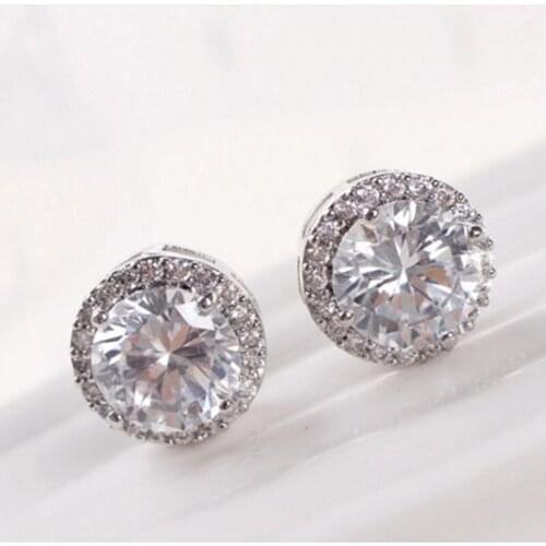 Women Zircon Stud Earrings Fashion White Gold Round Cut White Earring Wedding Party Jewelry Gifts