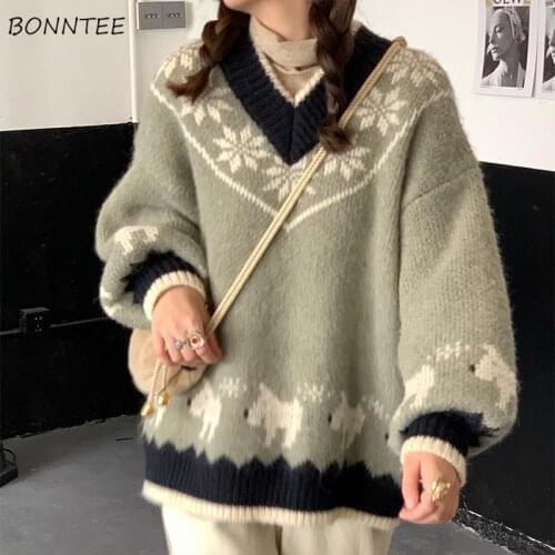 Sweaters Women Thickening Fall Lady Ulzzang Patchwork Knitwear Pullovers Oversized Long Sleeve Green Casual Design V-neck Loose