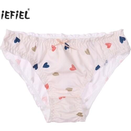 Gay Man Sissy Panties Cosplay Crossdress Low Waist Briefs Underpants Colorful Hearts Print Ruffled Lace Briefs Panties Underwear