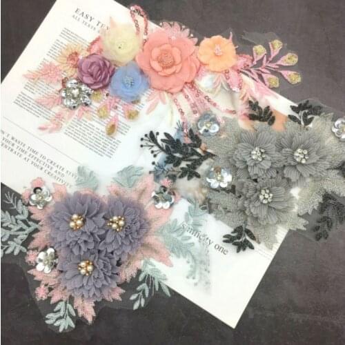 Embroidery 3D flower Pearl Lace Collar Neckline Applique Sequins Patches For Clothing Rhinestone Fabric Decorate Accessories