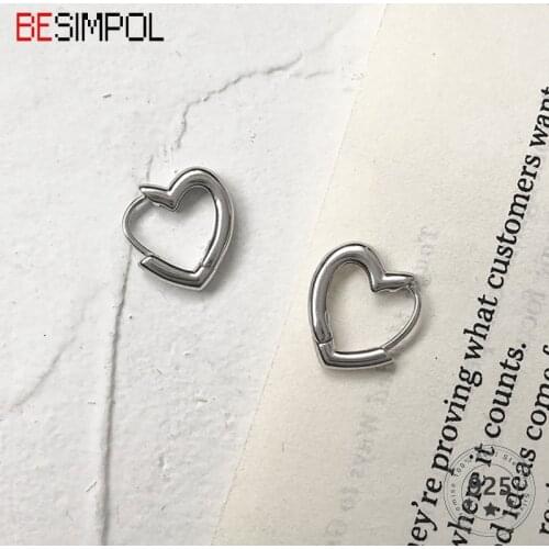 Besimpol 925 Sterling Silver Sweet Heart Earrings Vintage Minimalist Stylish Hoop Earrings for Women Luxury Fine Jewelry Gift