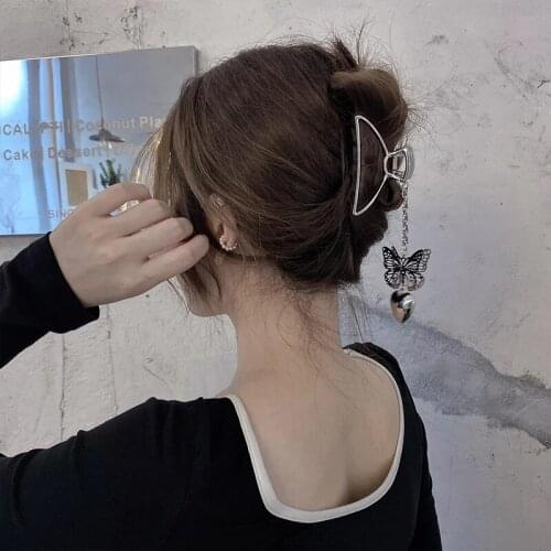 Women Girls Hair Claws Clamps Metal Hair Crab Butterfly Pendant Hair Claw Clip Large Size Silver Color Hairpin Hair Accessories