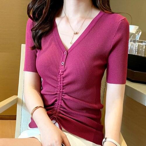 2021 New Summer V-neck Ice Silk Knit Sweater Solid Slim Women Short Sleeve Button Drawstring T-shirt Womens Top Tees Y340