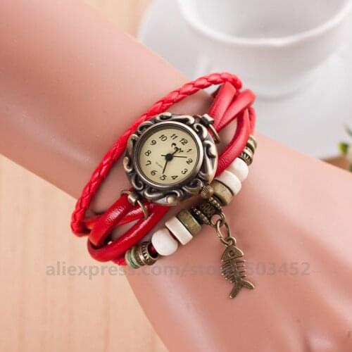 100pcs/lot Fish Skeleton Watch Vintage Unique Pendant Watch Ladies Bracelet Watch PU Leather Quartz Watch