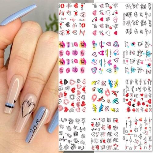 12pcs Valentines Heart Rose Flower Water Sliders for Nails Nail Art Decoration Water Transfer Decals Manicuring Sticker Tips