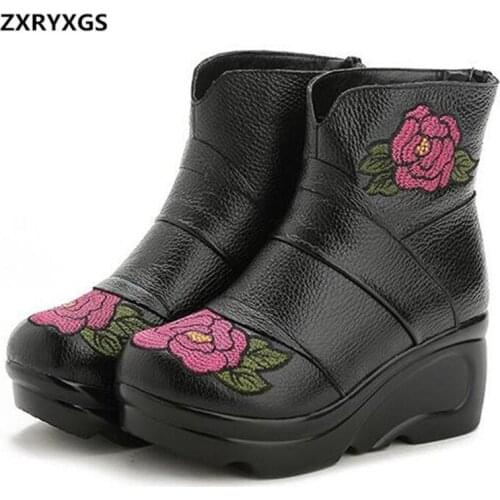 2020 Famous New Spring Embroidered Cowhide Leather Shoes Women Boots Fashion Shoes Wedge High Heel Boots Winter Shoes Snow Boots