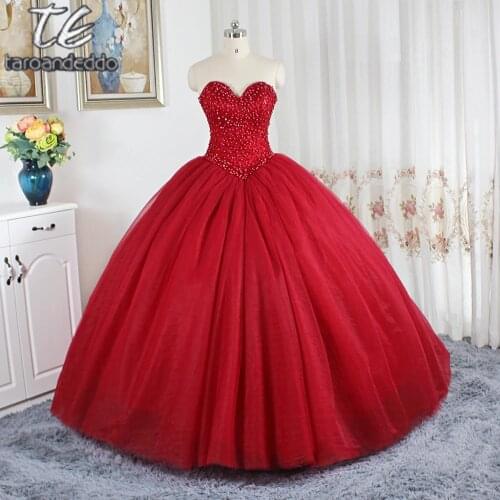 2021 Wine Red Ball Gowns Wedding Dress Puffy Skirt Gowns for Bridal Sweep Train Crystals Wedding Gowns Vestido De Noiva