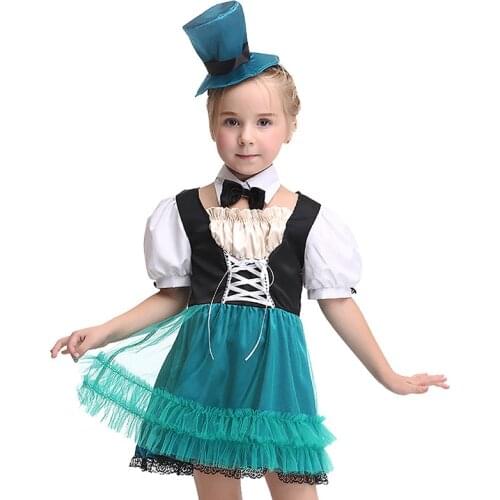 Kid Girls Halloween Alice Mad Hatter Magician Costume Irish Elf Girls Fancy Cute Mesh Dress St Patricks Day Outfit For Child