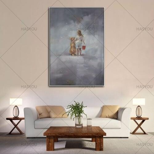 Large canvas girl with dog oil painting Hand Painted Oil Painting On Canvas Wall Pictures For Living Room christmas home Decor
