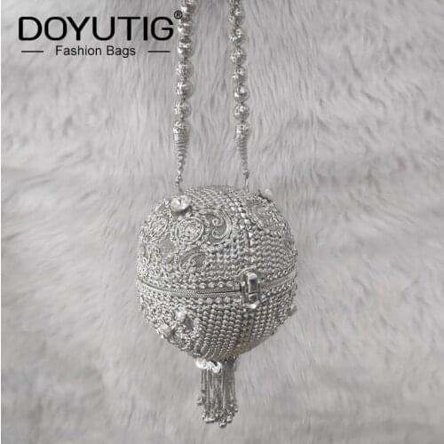 DOYUTIG Trendy Indian Style Womens Hand-Made Metal Round Ball Clutches Short Tassels Crystal Wedding Buckets Evening Bags F839