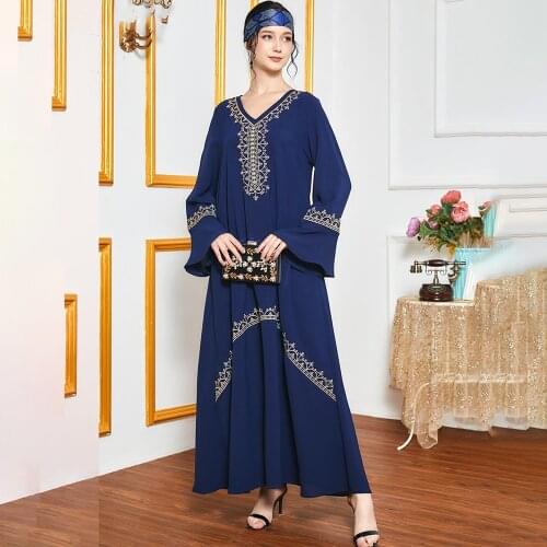 Muslim dress Embroidery dress new style ladies temperament French ladies blue trumpet long-sleeved dress Abaya Dubai Dresses