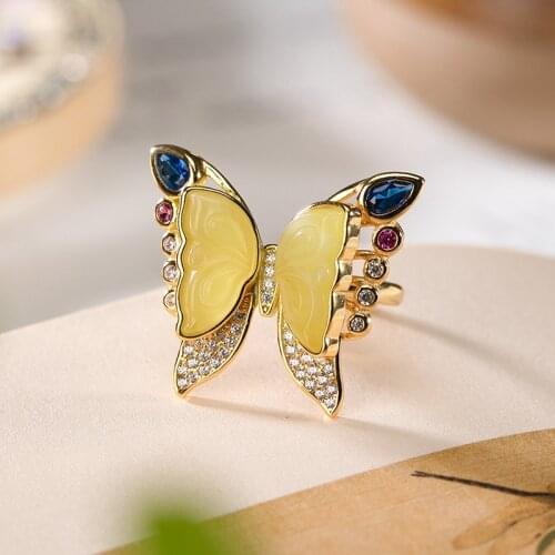 Natural 925 sterling silver gilt butterfly inlaid amber simple retro temperament amber rings resizable women rings