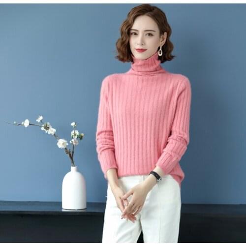 New womens mink cashmere sweater solid color long-sleeved knitted loose short pullover high neck fashion mink cashmere sweater