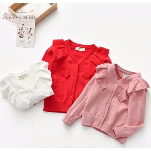 2020 Autumn Winter Baby Girl Fall Clothes Sweater Ruffle Long Sleeve Cardigan V Neck Knitting Solid Sweaters Sweet Costume