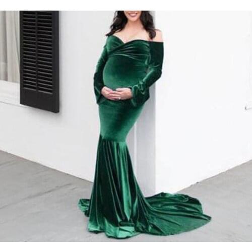 Maternity Dresses 2021 Spring And Summer New Women Gold Velvet Pregnant Women v-Neck Tail-Length Siamese Skirt Photography Dress