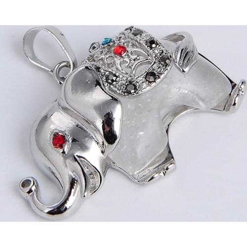 Natural Stone Pendant Ethnic Lucky Animal Elephant Silver Color Rhinestone Charm White Crystal Quartz Women Necklace Pendants
