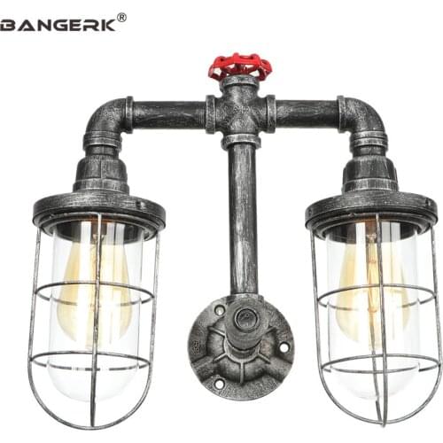 Industrial Loft Water Pipe Wall Light LED Double Iron Glass Vintage Sconce Wall Lights Switch Bedside Wall Lamp Home Decor