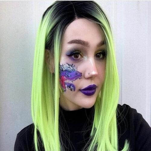 Melody Synthetic Lace Front Wigs Bright Green With Dark Root Short Straight Bob Heat Resistant Fiber for Women Natural Looking