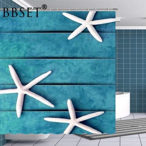 Marine Life Shower Curtain White Starfish on Wooden Board Pattern Waterproof Multi-size Douchegordijn Bathroom Decor with Hooks