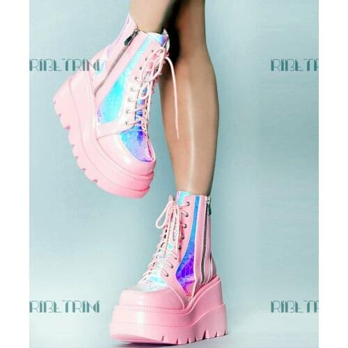 Big Size 43 Brand Platform Mulcticolor Bling Wedges Ankle Boots Women Punk Cool Thick Bottom Heeled Snake Print Goth Shoes