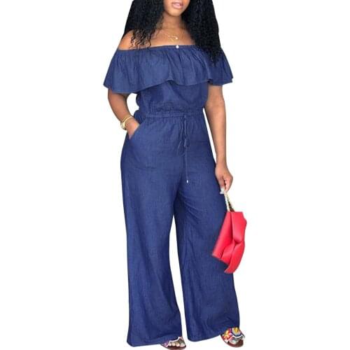 Women Denim Off Shoulder Rompers Ruffle Slash Neck High Waist Drawstring Jumpsuits Fashion Wide Leg Jeans Overalls Trousers
