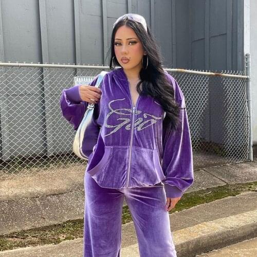 Women Tracksuit 2 Piece Rhinestone Letter Velvet Pocket Hoodie Top+Straight Sweatpant Matching Streetwear Outfits