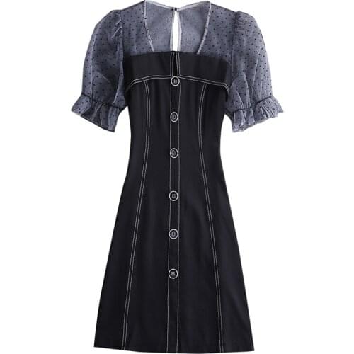 PERHAPS U Slash Neck Short Sleeve Mini Dress Elegant Summer Women Female A-line Black Solid Mesh Sleeve Button D2000
