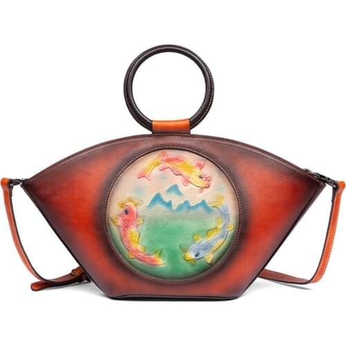 Famous Chinese style Circle totes bag Female retro first layer leather handbag rub color messenger bag European shoulder bag