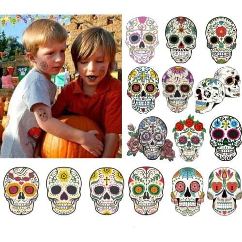 10-20pcs/set Colorful Halloween Skull Head Temporary Tattoo Sticker Child Adult Body Art Water Transfer Fake Tattoo for Face