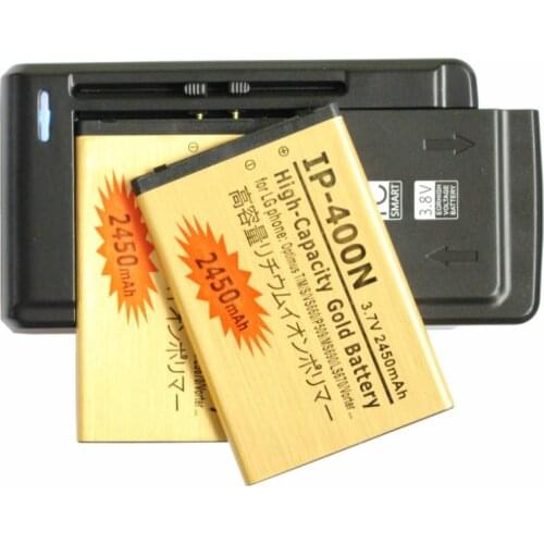 2x 2450mAh IP-400N Gold Replacement Battery + Universal Charger For LG Optimus T/M/S/VS660 P509 MS690 LS670 GW620 GM750 GX820ect