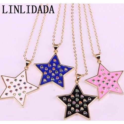 8Pcs 2019 Fashion Gold Filled Jewelry White / Black/ Pink Enamel and Cz Paved Star Pendant Charm Necklaces For Women