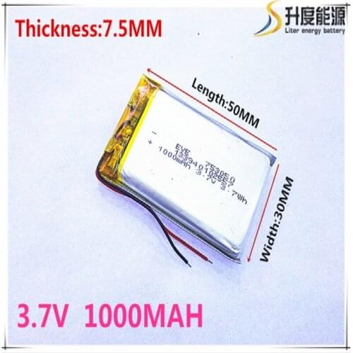 Free shipping Polymer battery 1000 mah 3.7V 753050 smart home MP3 speakers Li-ion battery for dvr,GPS,mp3,mp4,cell phone,speaker