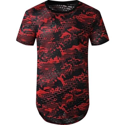 Ripped Hole Camouflage T Shirt Men Summer Slim Fit Short Sleeve Longline T-shirt Men Casual Streetwear Hip Hop Tee Shirt Homme