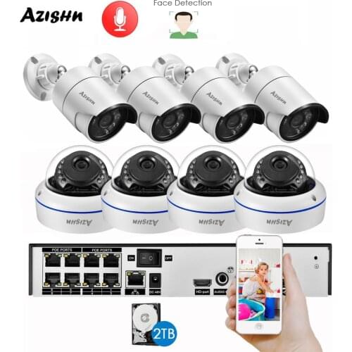 AZISHN H.265+ 8CH 5MP POE NVR Kit Audio CCTV System 5MP Dome IP Camera Face Detection P2P Indoor/Outdoor Video Surveillance Set