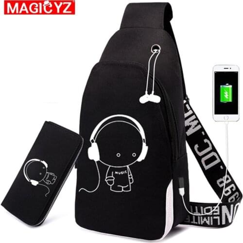 Cool Boy Anime Luminous Crossbody unisex Oxford Cloth Sports Shoulder Bag USB Charge Changeover Fashion Chest Bag 2 pcs set